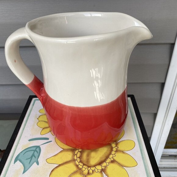 Earthenware Pitcher Made in Portugal Red and White Farmhouse Cottage Country - Picture 1 of 10